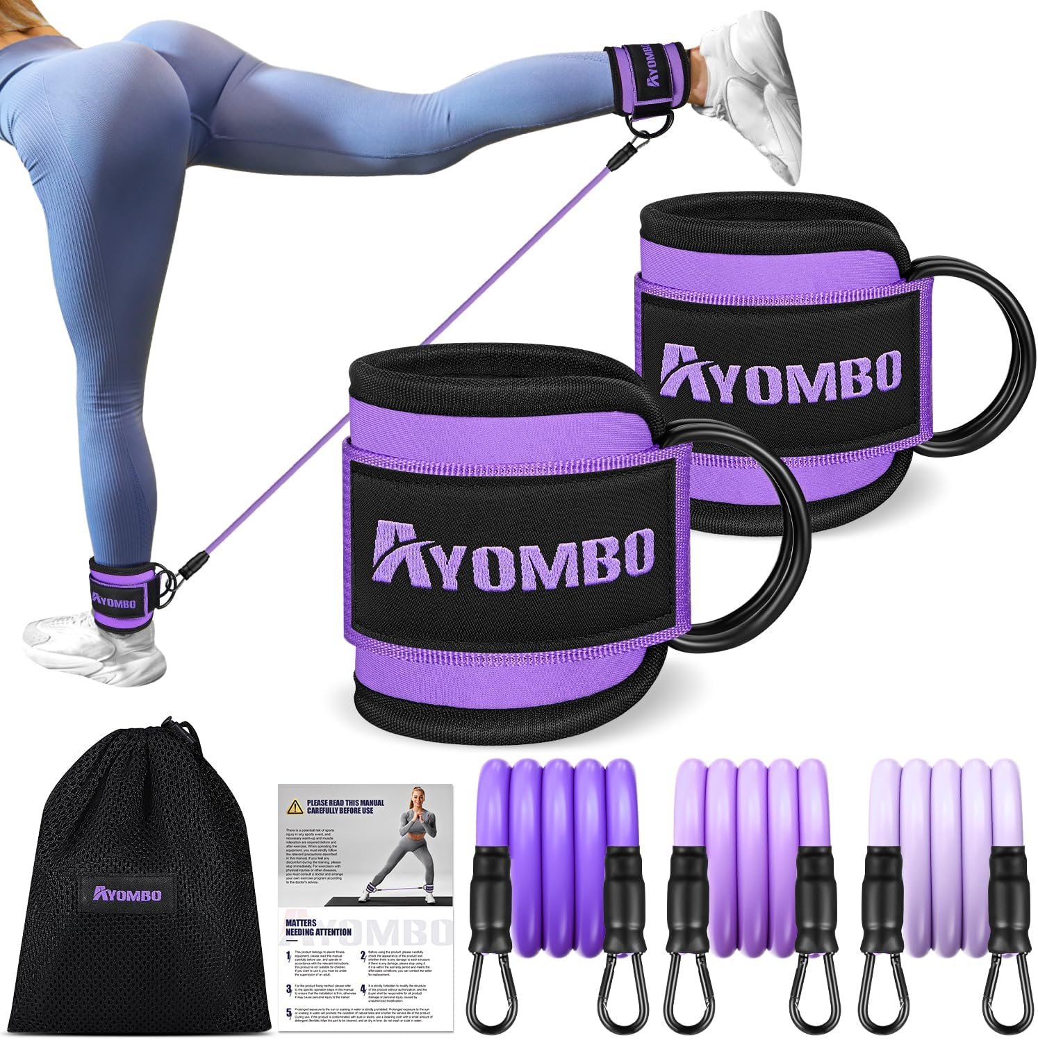 Ayombo Ankle Resistance Bands with Cuffs, Home Gym Workout Equipment, Lifting Glute Butt Exercise Equipment for Women, Ankle Weights Fitness Set, Leg Booty Equipment for Training Perfect Body Shape