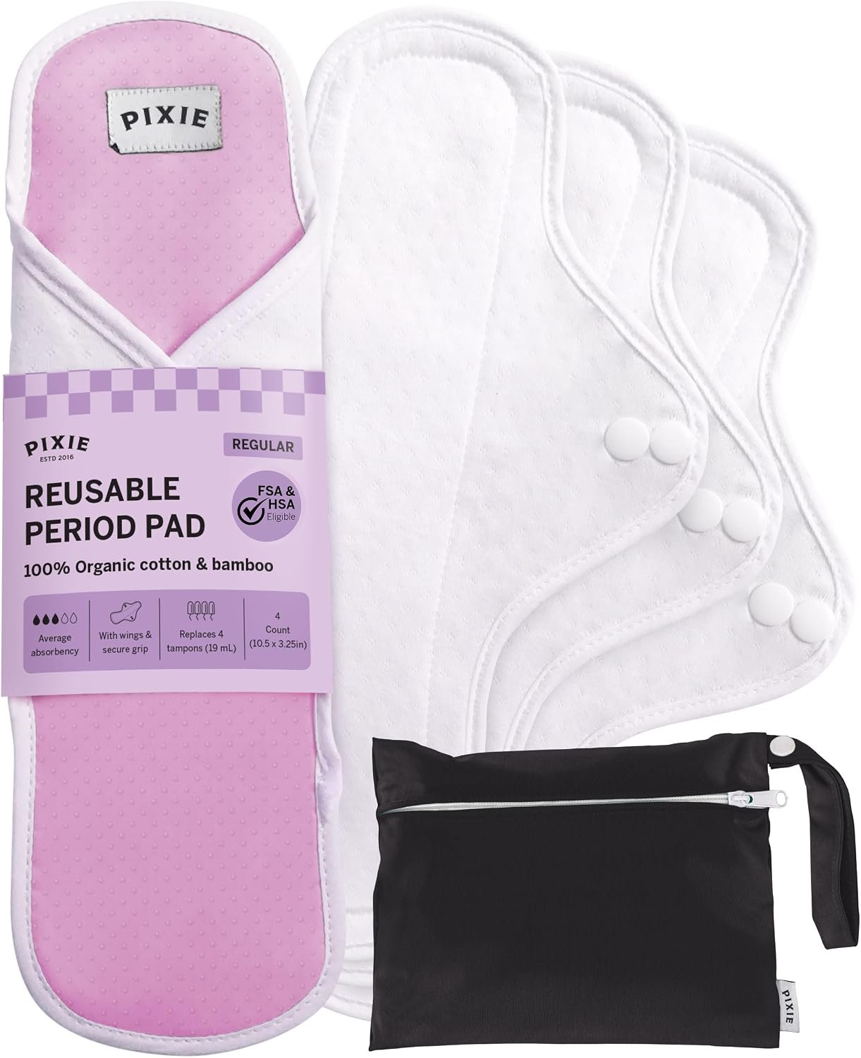 Pixie Cotton Cloth Pads for Feminine Care – 100% Organic Reusable Pads – Ranked 1 for Softest Menstrual Sanitary Napkins – Machine Washable & Includes Free Wet Bag – Menstrual Liner (Regular)