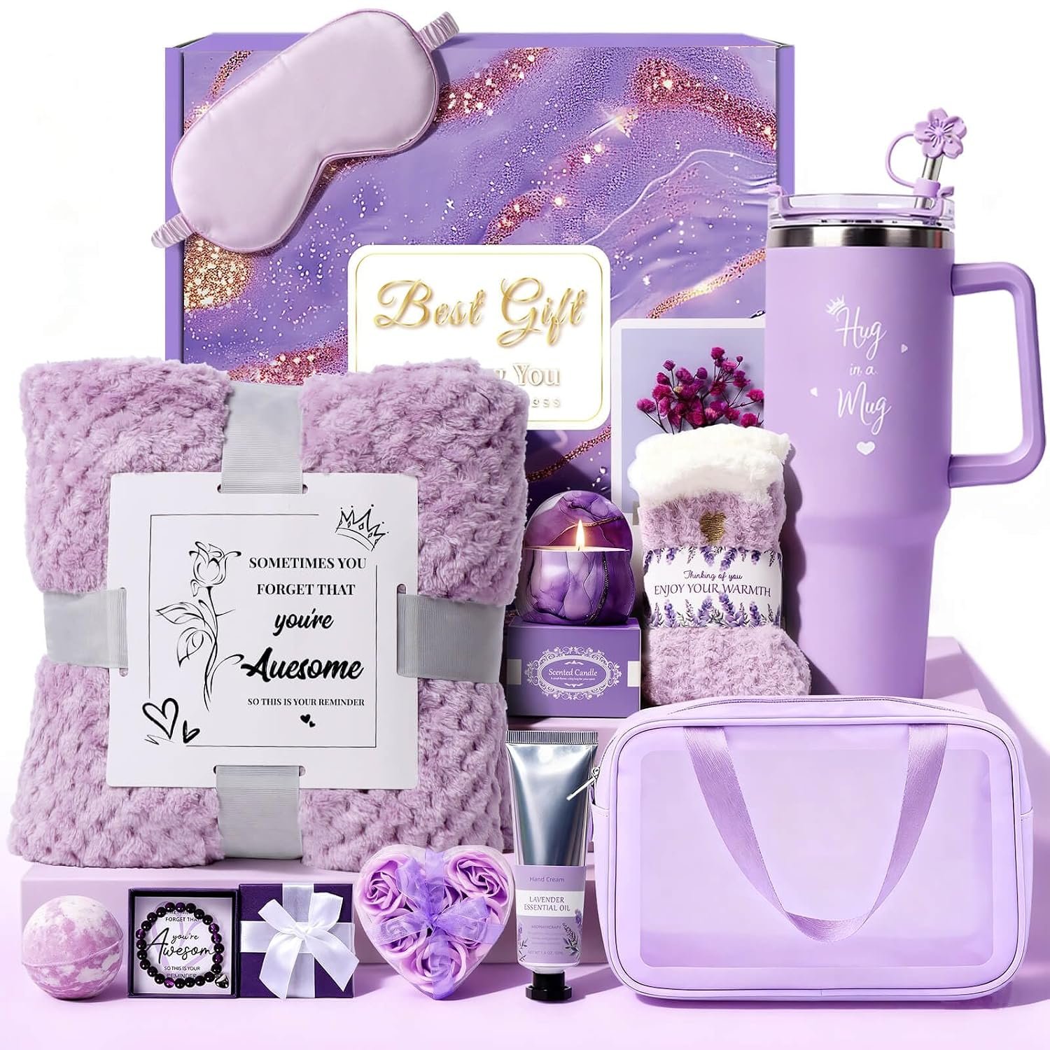 Birthday Gift for Women, Luxury Self Care Spa Gift Basket with Blanket for Mom, Wife, Sister, Friend, Girlfriend, Grandmother, Get Well Soon & Christmas gift for Her