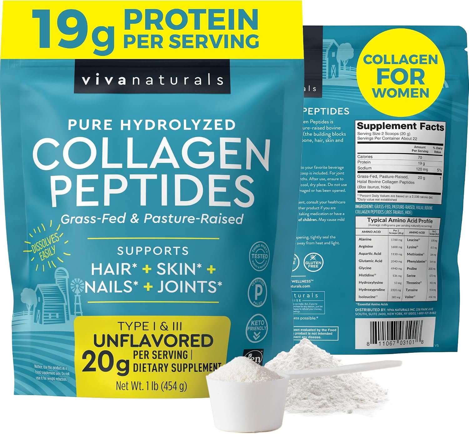 Viva Naturals Collagen Peptides Powder – Grass-Fed Hydrolyzed Bovine, Type I & III – 19 g Protein, Unflavored, Easy Dissolving – Joint, Skin, Hair & Nail Support – Paleo, Keto, Non-GMO – 1lb
