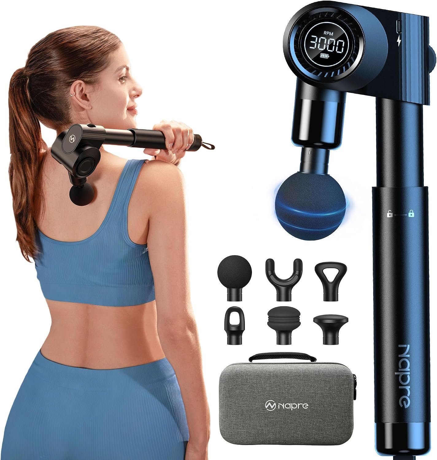 NAPRE Foldable Massage Gun with Extension Handle & 5 Adjustable Angles,Deep Tissue Back Massage for Neck/Body Pain Relief,Handheld Percussion Muscle Massager,32 Speeds,6 Heads & Silent,with Case