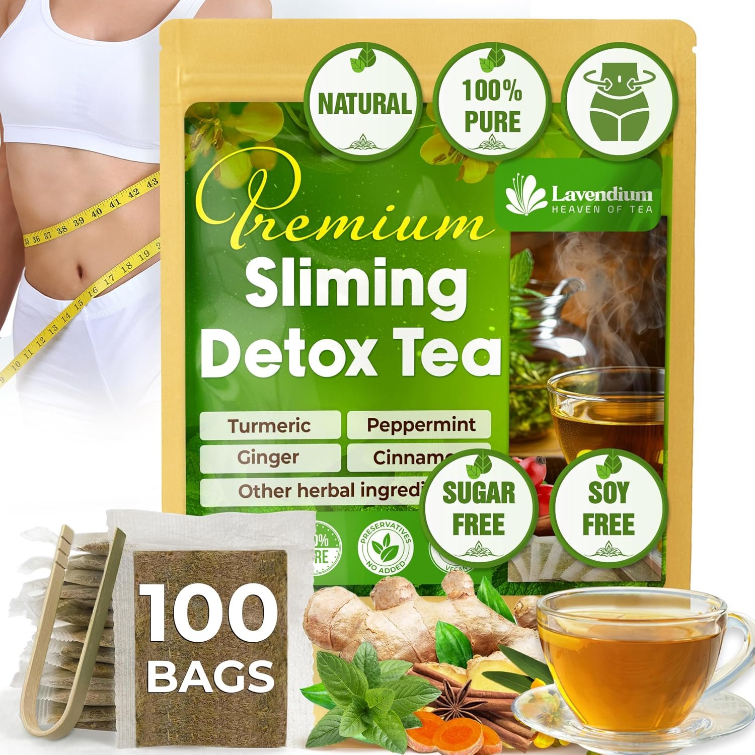 Lavendium, 100 Bags SIimming Detox Tea Caffeine Free – Herbal Tea with Chamomile, Hibiscus Tea & Ginger Root for Colon Cleanse – Natural Citrus & Cinnamon Herbal Tea for Digestive Health