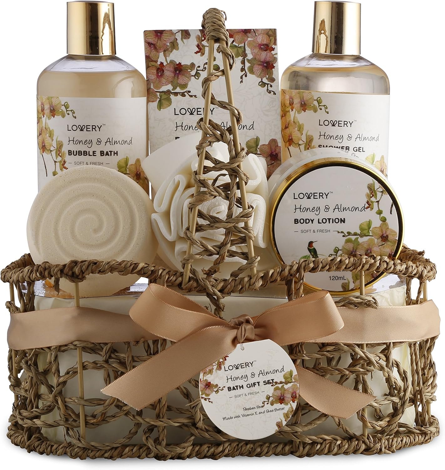Womens Gifts, Gift Baskets for Women Who Have Everything, Home Spa Honey & Almond Scent, Luxury Bath & Body Set – Shower Gel, Bubble Bath, Body Lotion, Salts, Bath Bomb, Bath Puff & Handmade Basket