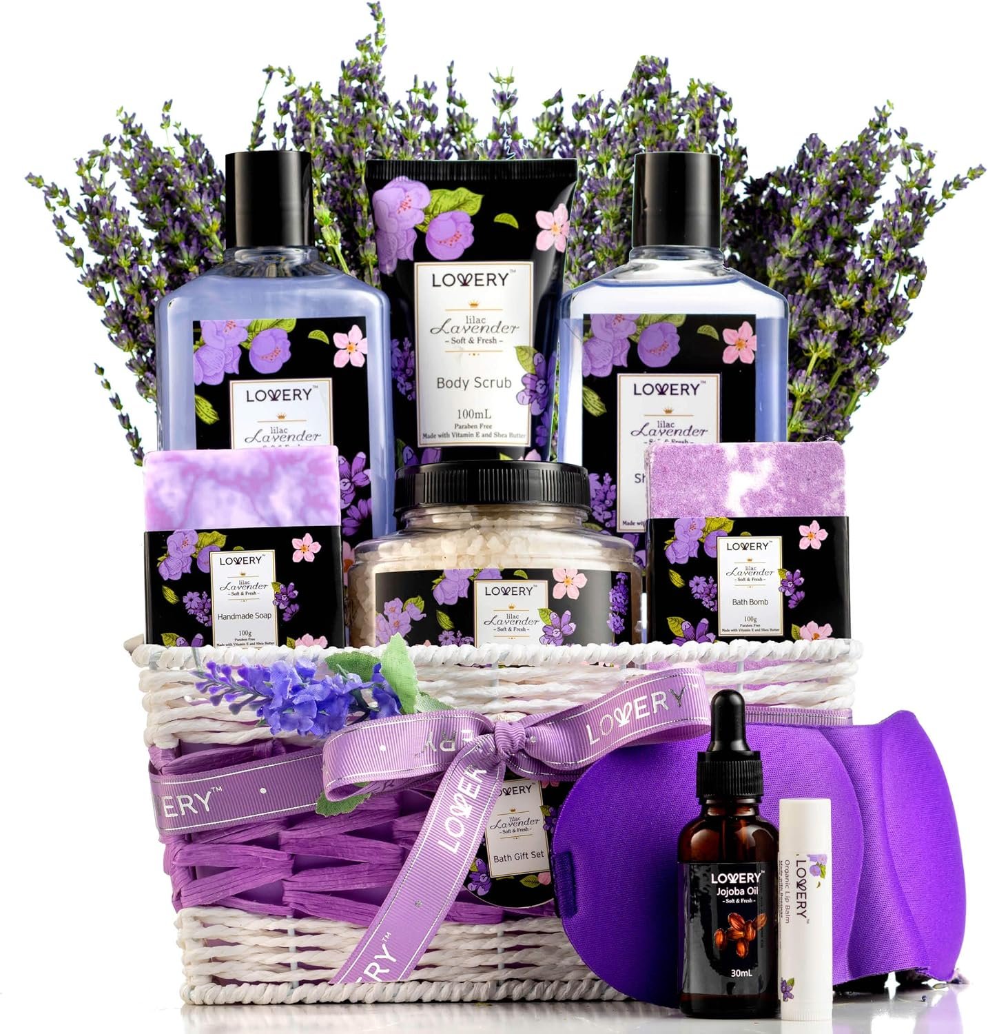 Gifts for Women, Moms, Lavender & Lilac Spa Gift Basket Set – Handmade Soap, Potpourri, Bath Bomb, Jojoba Oil, Organic Lip Balm & More – Stress Relief, Bath & Body Self Care Package