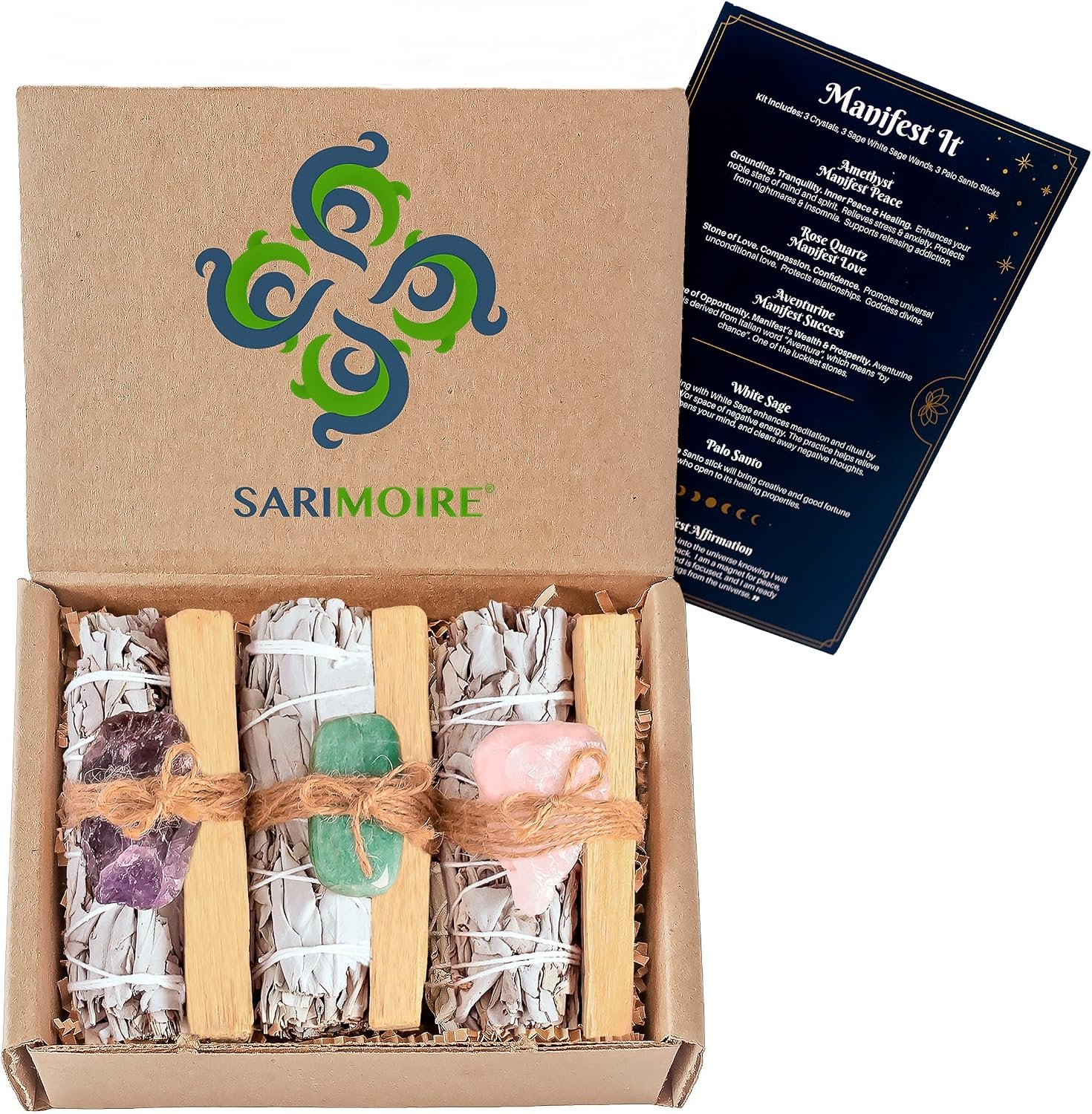 Metaphysical Spiritual Supplies – White Sage Bundles Palo Santo Sticks Amethyst Rose Quartz Aventurine Crystals Stones – Manifest It Kit